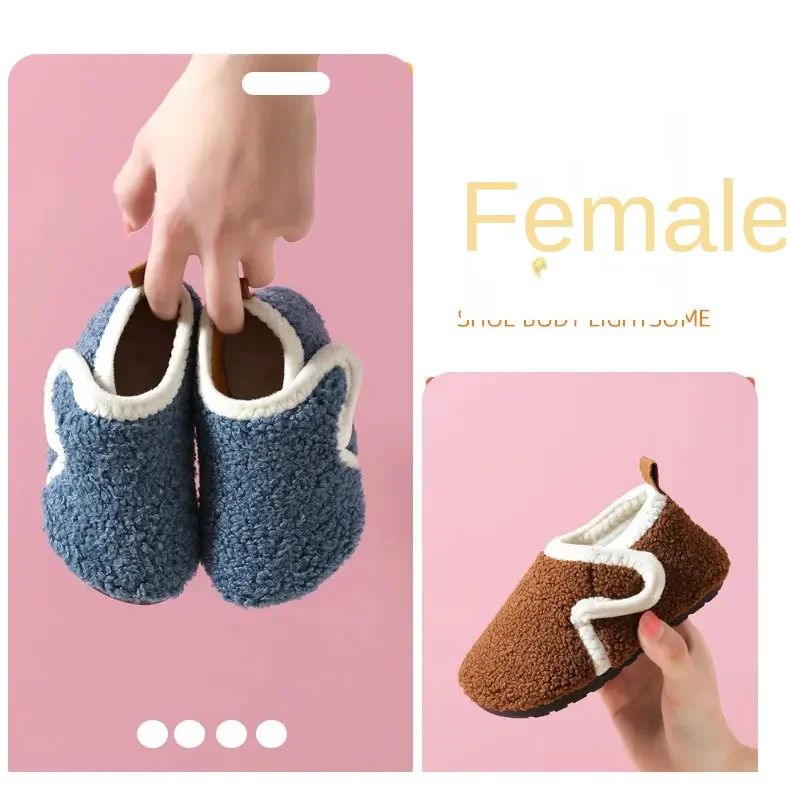 Pantuflas Child Cotton Slippers Solid Warm Kid Winter Home Shoe Boy Girl Plush Floor Shoe Indoor Soft Sole Anti-slip Cotton Shoe