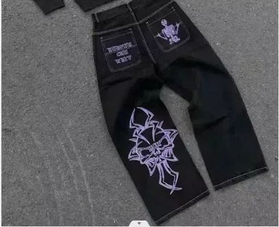 NEWVintage Retro Gothic Grim Reaper Cartoon Printed Graphic Jeans Man and Woman     Hip Hop Low Waist Wide Leg Trousers Clothing
