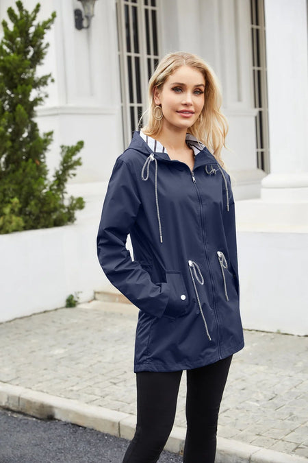 Blue Waterproof Hooded Jacket Women Fashion Casual Coat Waist Drawstring Tie Zipper Switch Red Green Yellow Black Windbreaker
