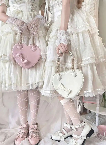 PU Heart Lolita Handbags Girls Bowknots Decor Japanese Shoulder Bags Two Sized Kawaii Shell Purses Cute Pink Messenger Bag Gifts