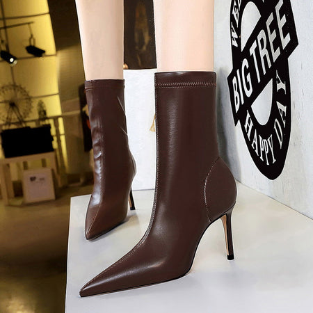 Women 7.5cm 10cm High Heels Leather Boots Lady Low Heels Short Ankle Boots Stripper Winter Warm Snow Plush Pointed Toe Shoes