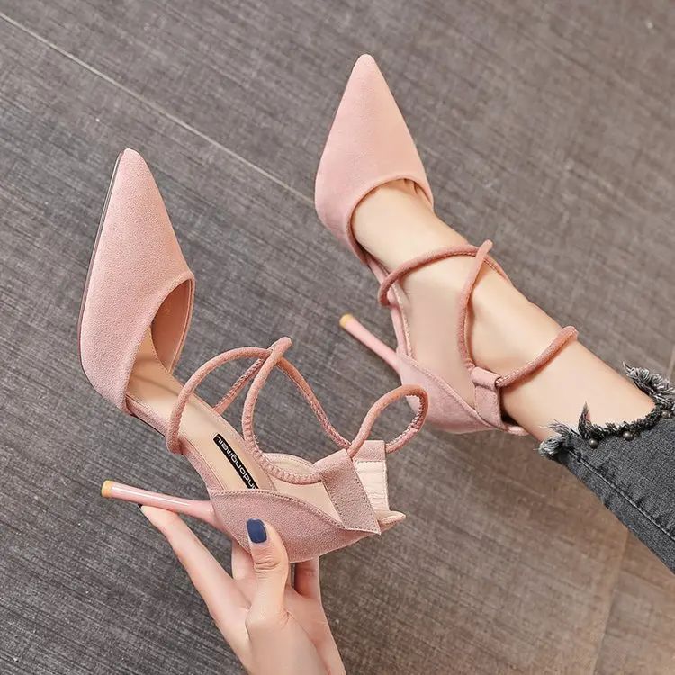 New Cross-strap Roman Sandals Suede High Heels Women's Shoes One-line Buckle Fine Heel Pointed Sandals Zaptos Mujer