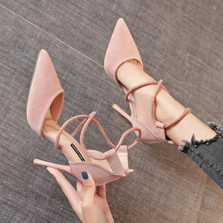 New Cross-strap Roman Sandals Suede High Heels Women's Shoes One-line Buckle Fine Heel Pointed Sandals Zaptos Mujer