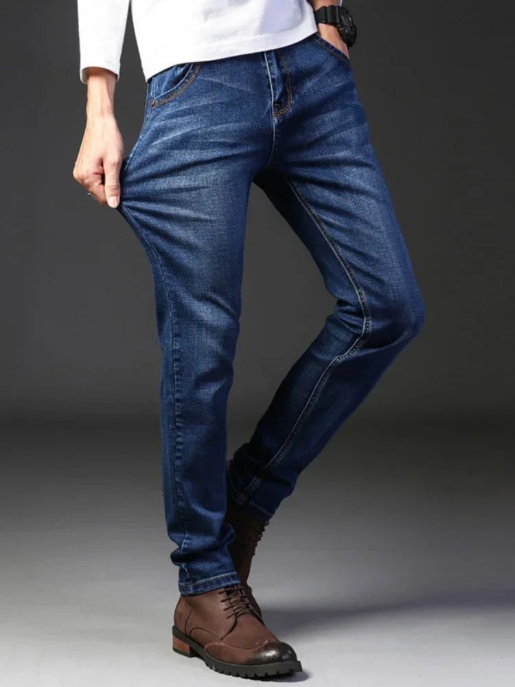 2025 Autumn Classic Men's Fitted Stretch Jeans Business Casual Cotton Denim Straight Leg Pants Male Black Blue Trousers