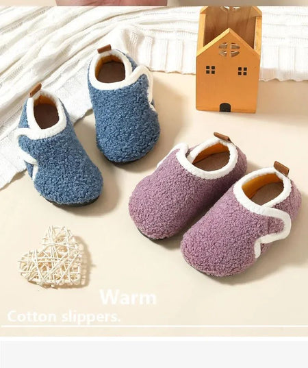 Pantuflas Child Cotton Slippers Solid Warm Kid Winter Home Shoe Boy Girl Plush Floor Shoe Indoor Soft Sole Anti-slip Cotton Shoe