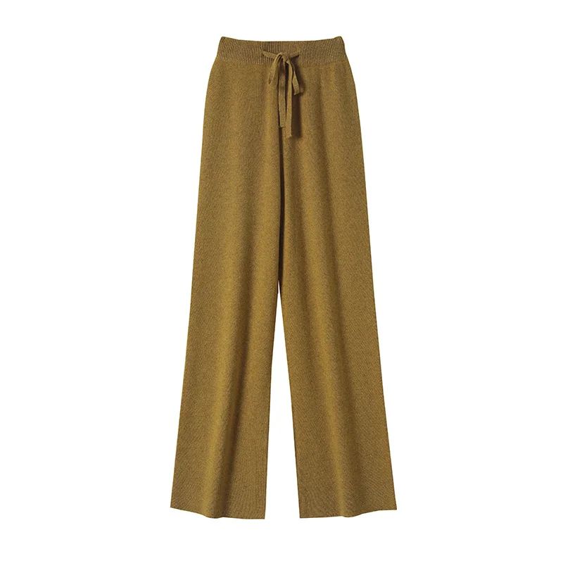 Spring Autumn Women High Waist Wool Wide Leg Pants Solid Soft Warm 100% Merino Wool Knitted Trousers Belt Casual Korean Fashion