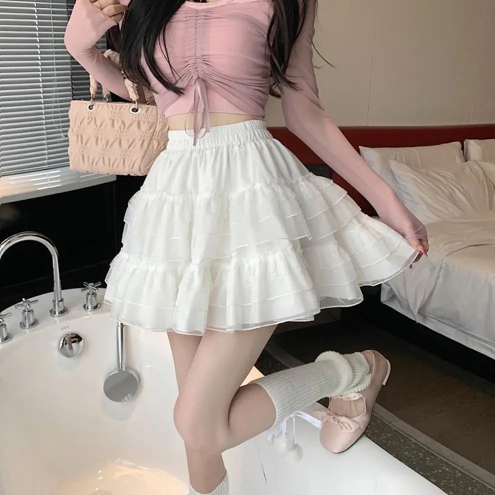 Plus Size New Style Pure Desire Aesthetic Mini Dress Net Yarn Fairy Puff Skirt High-Waisted Slimming Lace Cake A- Line Skirt ...