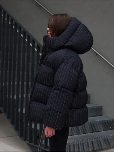 Women's Pinstripe Oversized Puffer Jacket Full Sleeve Detachable Hood Zipper Warm Coat 2025 Autumn Winter Female Casual Wear