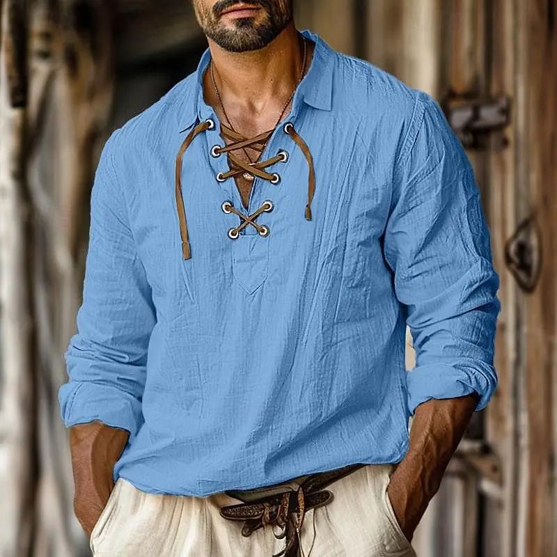 2025 Men's Renaissance Shirt Pirate Medieval Viking Top Cotton Linen Shirts Casual Fashion V-neck Tie Up Long-sleeved Shirt