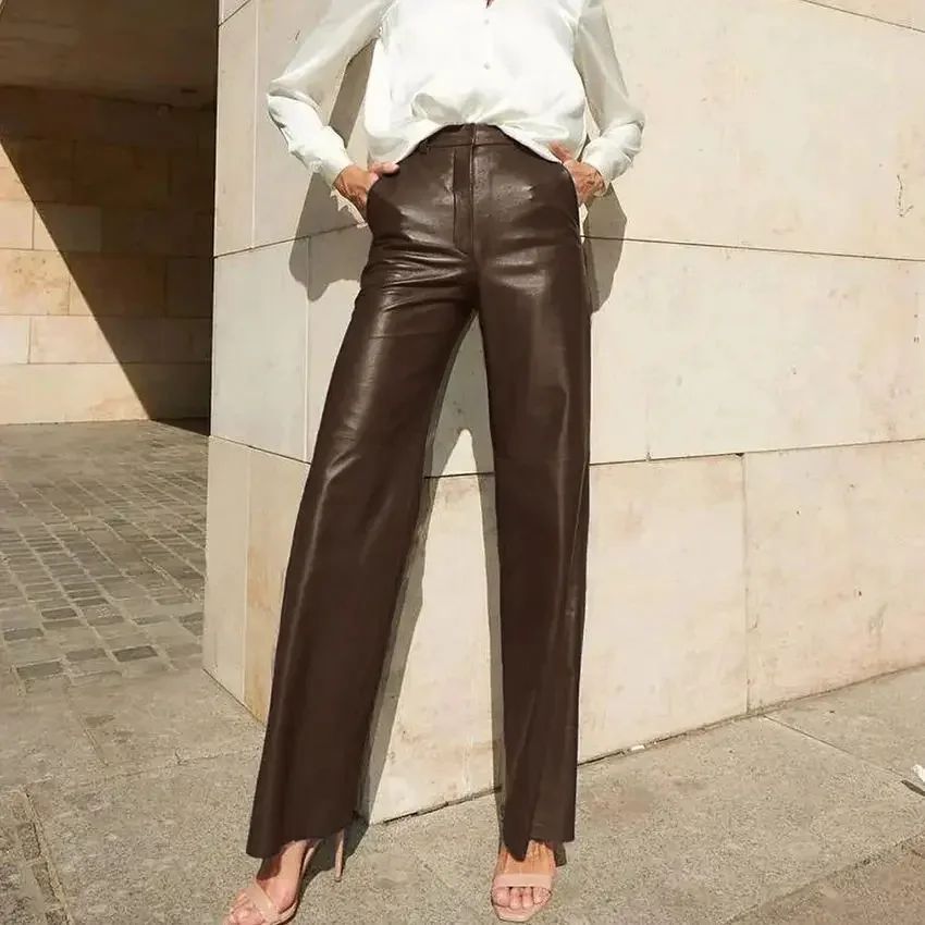 Women's Trousers Spring Fashion PU Leather Mid High Waist Lifting Hip Straight Leg Casual Women's Pants