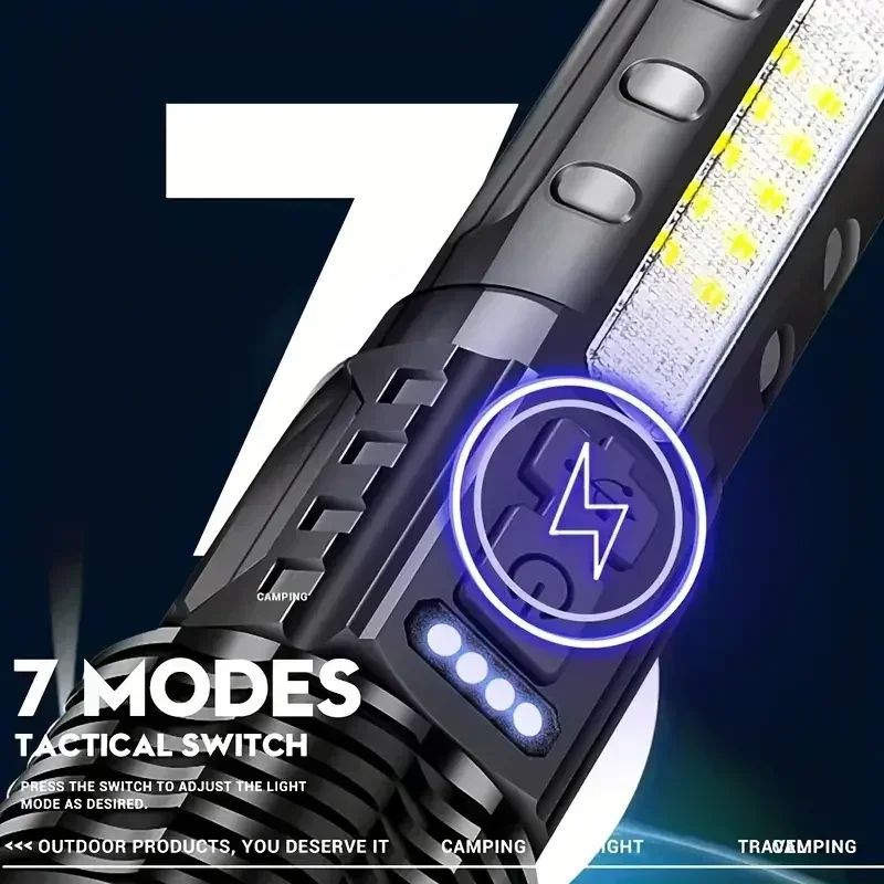 Powerful XHP50 LED Flashlight Waterproof Torch With Side Light 7 Modes Camping Fishing Lantern Type C Rechargeable Zoom Lamp