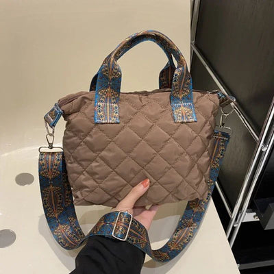 Women Wide Shoulder Belt Handbag Fall/Winter Rhombus Space Cotton Shoulder Bag Large Capacity All-Match Shopping Tote Bag