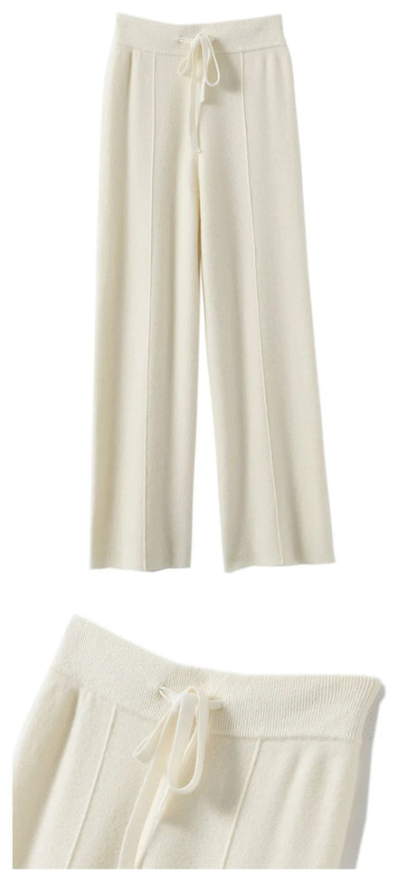 High Waist Wide Leg Pants Mid-Seam Knitted Trousers Drawstring Waist Belted Floor-Length Pure Color Versatile Autumn Winter Casu