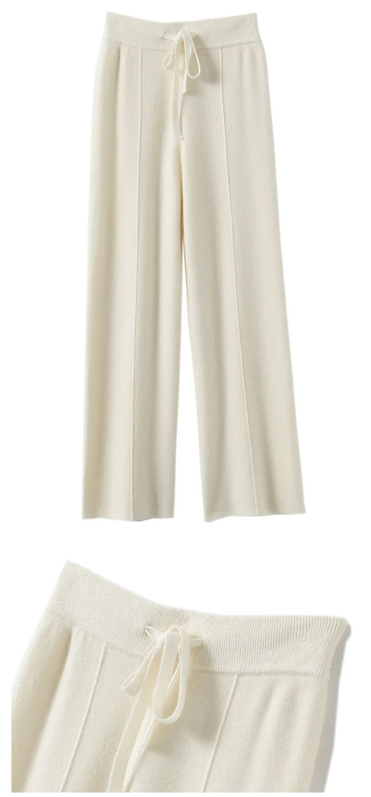 High Waist Wide Leg Pants Mid-Seam Knitted Trousers Drawstring Waist Belted Floor-Length Pure Color Versatile Autumn Winter Casu