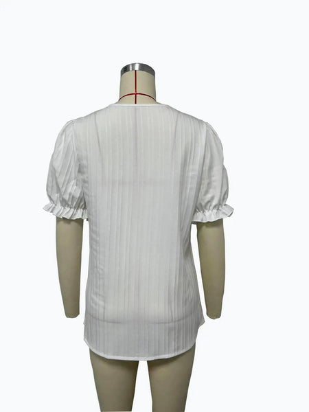 2025 Summer New Women's Blouse Top Solid Sexy V-Neck Hollow Short Sleeve Fashion Splice Plus Size Loose Street Apparel Shirt