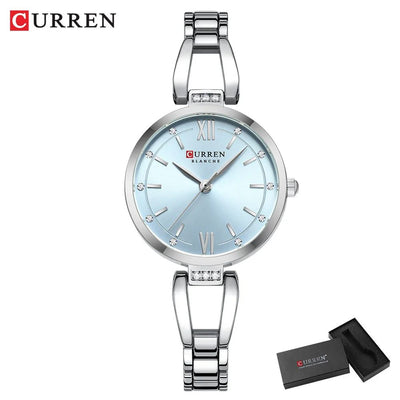 CURREN Luxury Elegance Ladies Watch with Sparkling Rhinestones Simple Quartz Stainless Steel Bracelet Wristwatch