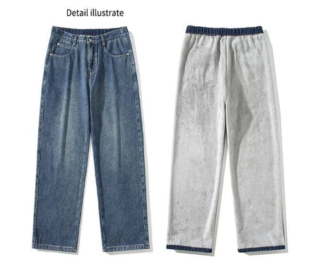4 Colors Winter Fleece Men's Jeans Baggy Straight Elastic Waist Denim Pants Fashion Korean Thickened Warm Male Thermal Trousers