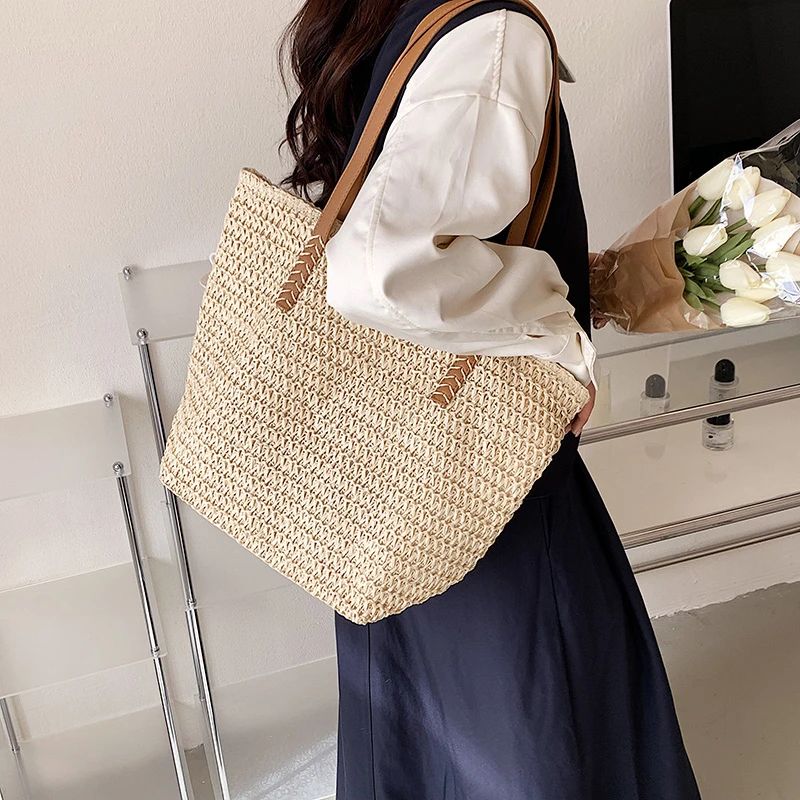 Hand-woven Women's Shoulder Handbag Bohemian Fashion Straw Beach Tote Bag Travel Shopper Weaving Shopping Bags