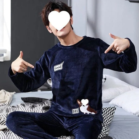 Thickened Flannel Sleepwear Set for Men Winter Home Clothes Coral Fleece Lined Autumn Winter Style Overhead Mens Nightgown