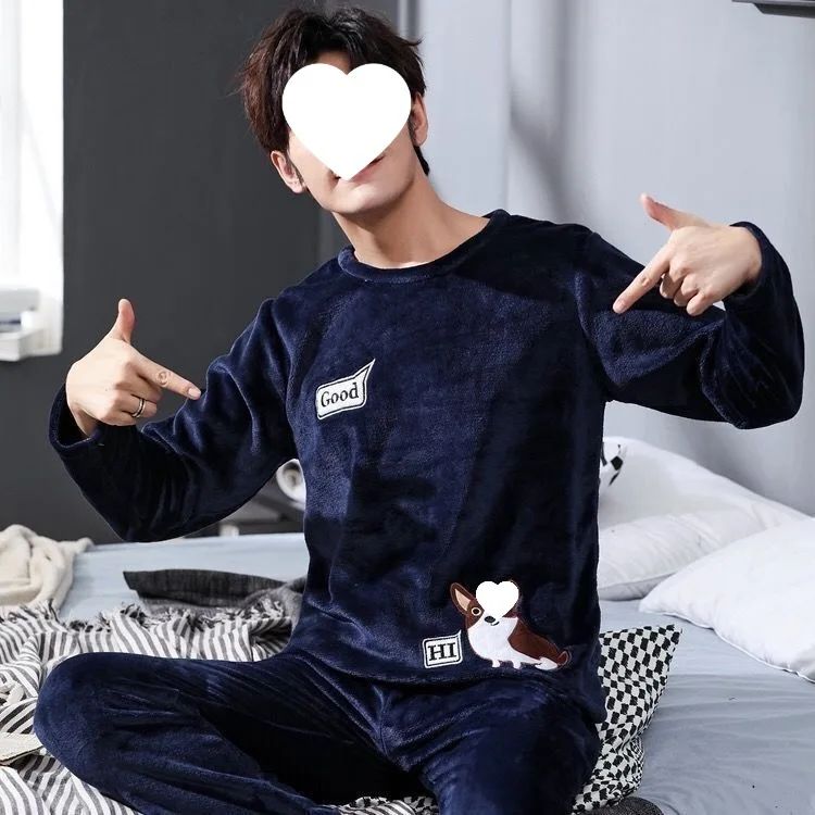 Thickened Flannel Sleepwear Set for Men Winter Home Clothes Coral Fleece Lined Autumn Winter Style Overhead Mens Nightgown