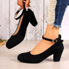Autumn New Thick Heels Women's Black One-line Buckle Shallow Mouth Woman Single Pumps Suede Large Size Work Shoes