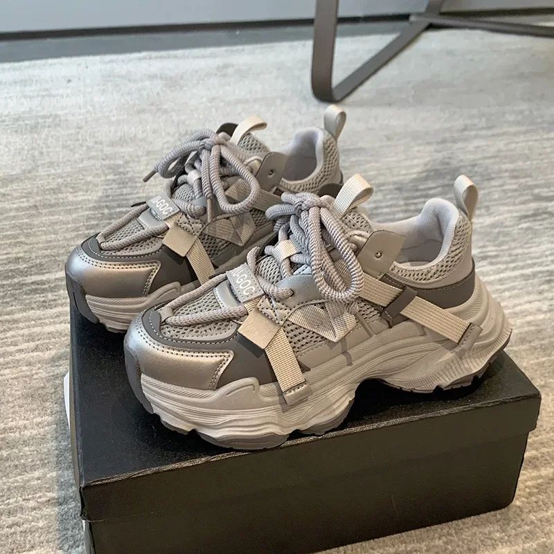 Women's Chunky Sneakers  Breathable Mesh Platform Sports Shoes Woman Fashion Lace Up Thick Sole Casual Shoes Mujer