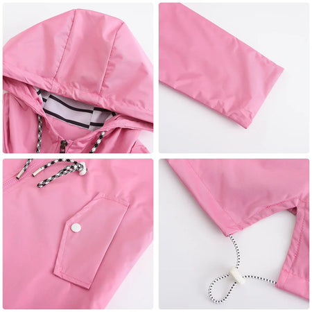 Blue Waterproof Hooded Jacket Women Fashion Casual Coat Waist Drawstring Tie Zipper Switch Red Green Yellow Black Windbreaker