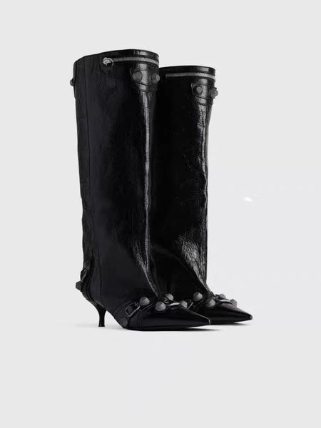 Women's Sexy Stiletto High Heels with Rivet Decoration, Wide Barrel Knee Length Boots, European and American Fashion Show Boots