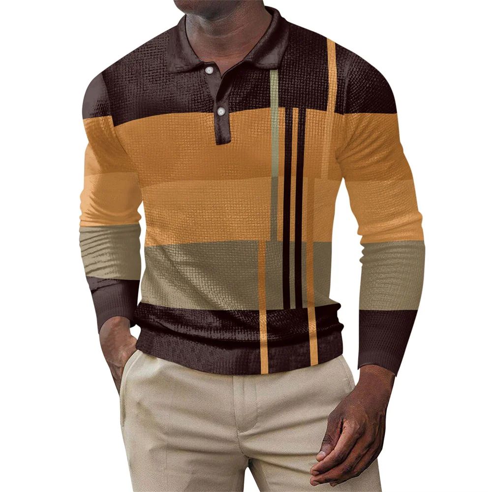 2025 autumn men's polo shirt long sleeved stand up collar patchwork printed top fashionable street casual T-shirt men's shirt