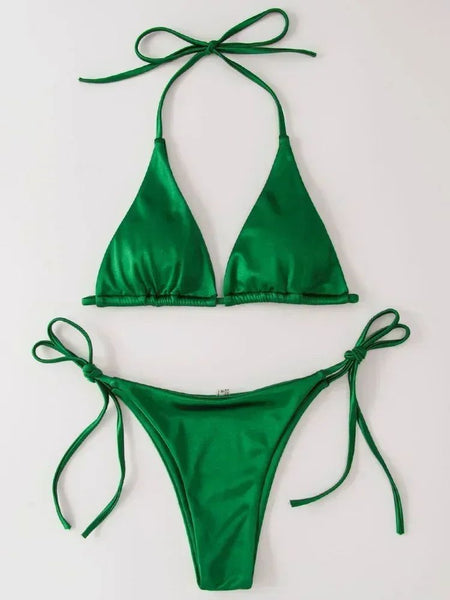 Wrap Around Halter Metallic Satin Bikini Women Swimwear Female Swimsuit Two-pieces Bikini Set Brazilian Bathing Suit Swim Lady
