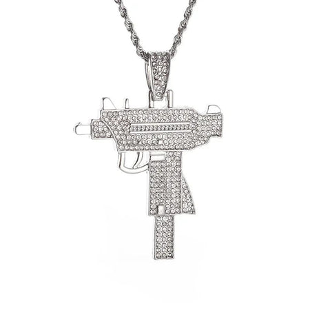 Bling Iced Out Pistol Pendant Submachine Gun Necklace Men Personality Hip Hop Rock Punk Cool Street Party Jewelry Gift