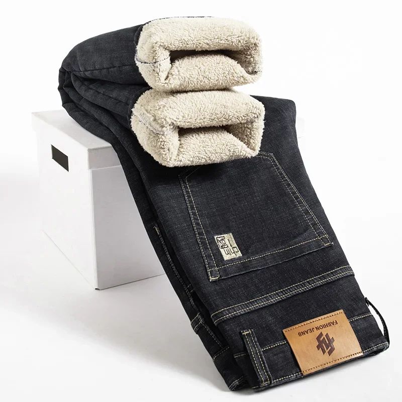 2025 New Classic  Men's Business Casual Velvet Jeans Winter Chinese Embroidery Straight Loose Warm Thick Pants