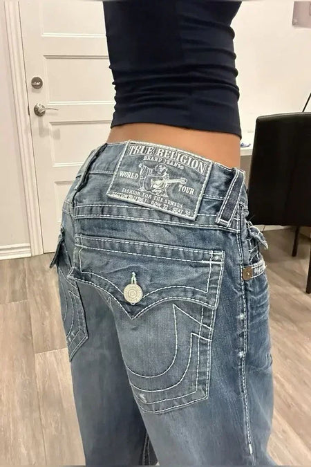 Vintage 2000s Buddha Embroidery Baggy Jeans Woman Gothic Streetwear Harajuku Ripped jeans for women Wide Leg Denim Pants