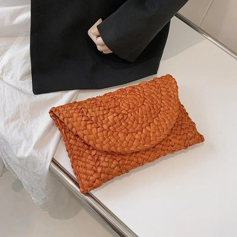 Fashionable Corn Husk Straw Bags Hand-woven Women Clutch Envelope Handbag Long Purse for Female Summer Beach Bag Bolsa 2024