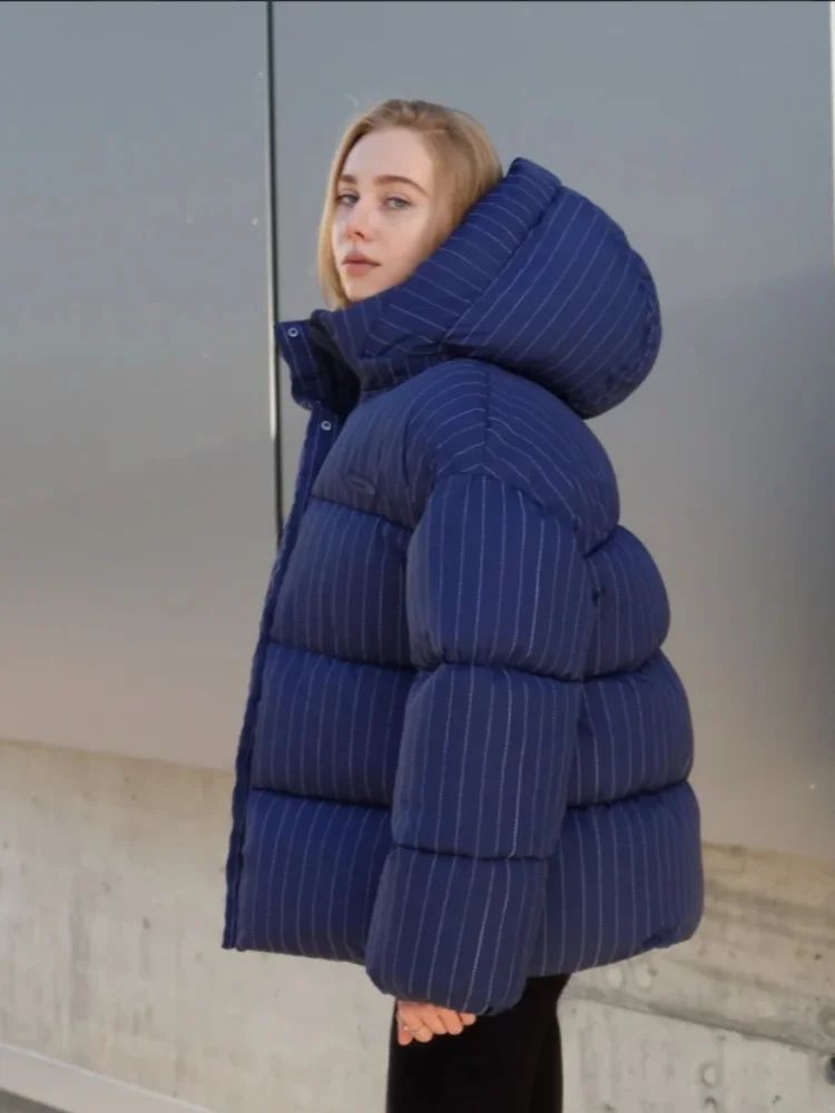 Women's Pinstripe Oversized Puffer Jacket Full Sleeve Detachable Hood Zipper Warm Coat 2025 Autumn Winter Female Casual Wear