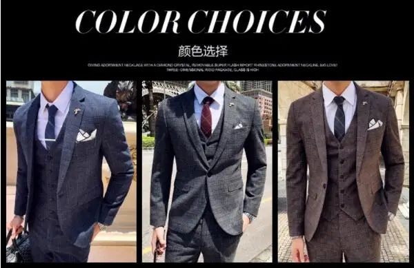Dark Blue Men's Suit Three Piece, Business Casual Jacket and Vest with Trousers, Gray Dark Brown Slim Fit Sets, Asian Size