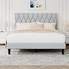 King Platform Bed Frame with Storage Space, Fabric Upholstered Headboard, Fully Upholstered Mattress Foundation, No Box Spring N