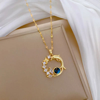 Exquisite Dolphin Star Blue Crystal Pendant Necklace For Women Fashion Personalized Daily Accessory Party Jewelry Birthday Gifts