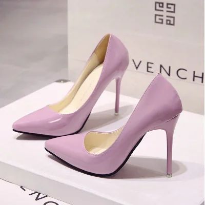 New Solid Color Pumps Women High Heel Shoes Female Fashion Patent Leather Sexy Pointed Toe Thin Heel Wedding Shoes Size 44