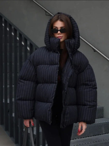Women's Pinstripe Oversized Puffer Jacket Full Sleeve Detachable Hood Zipper Warm Coat 2025 Autumn Winter Female Casual Wear
