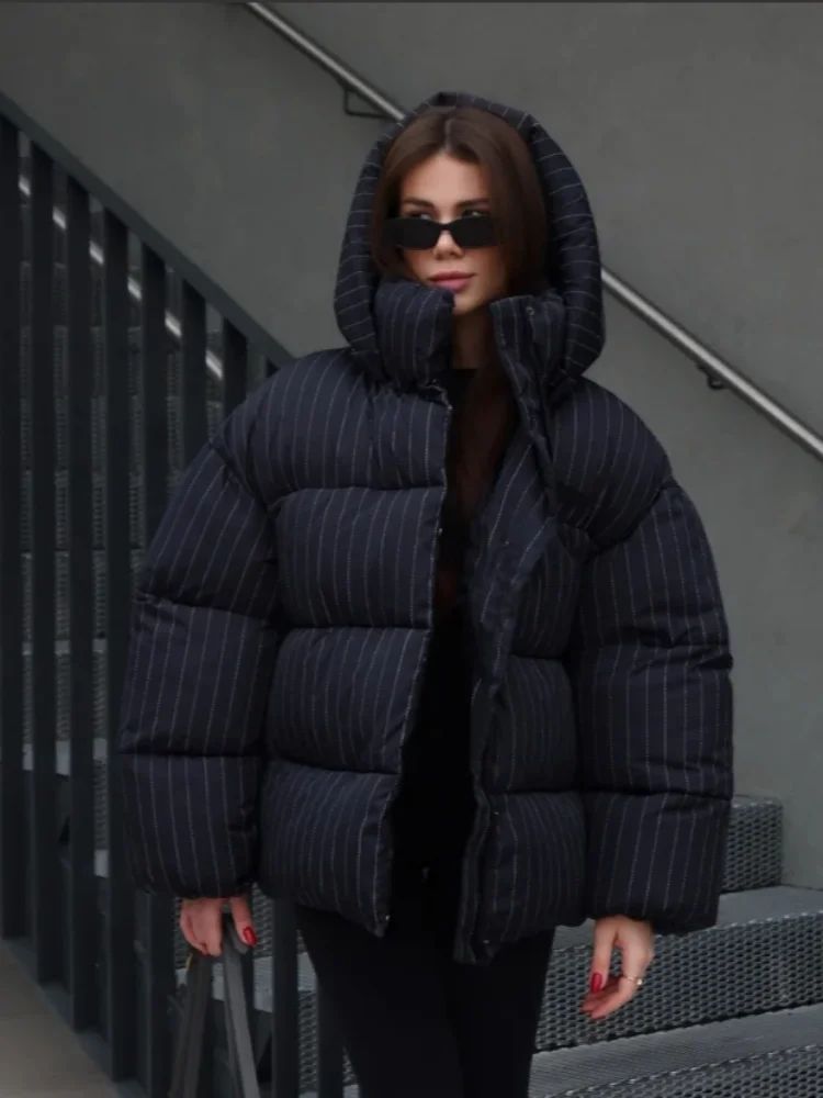 Women's Pinstripe Oversized Puffer Jacket Full Sleeve Detachable Hood Zipper Warm Coat 2025 Autumn Winter Female Casual Wear