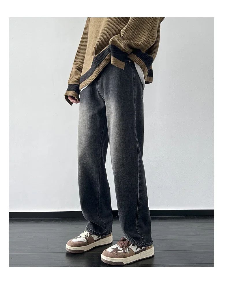 4 Colors Winter Fleece Men's Jeans Baggy Straight Elastic Waist Denim Pants Fashion Korean Thickened Warm Male Thermal Trousers