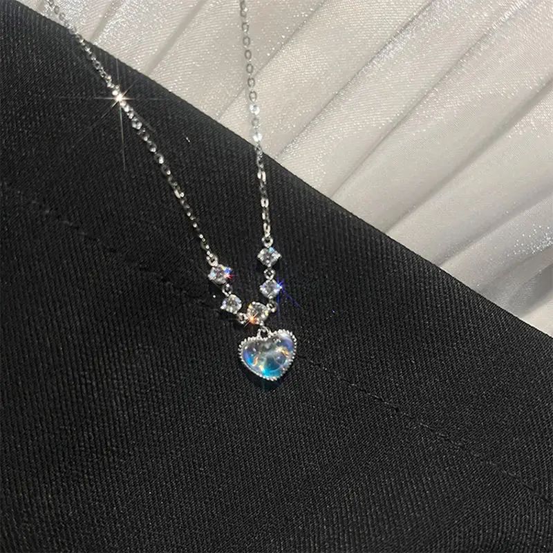 Fashion Fairy Pink Crystal Bow Knot Pendant Necklaces Y2K Girls Sweet Rhinestone Heart Clavicle Chain Women Jewelry Gifts