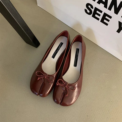 Tabi Shoes Ballet Falts Leather Ballerina Shoes For Women Split Toe Flats Tabi Shoes Slip On Soft Bottom Moccasins with Bowknot