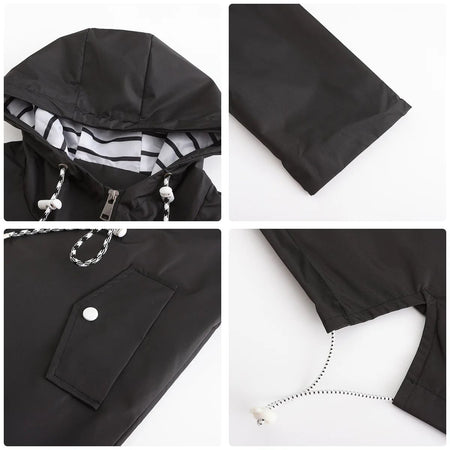 Blue Waterproof Hooded Jacket Women Fashion Casual Coat Waist Drawstring Tie Zipper Switch Red Green Yellow Black Windbreaker