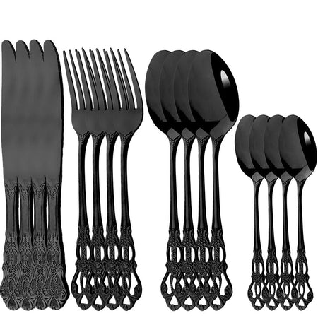 16Pcs Cutlery Sets Vintage Stainless Steel Tableware Dinner Knife Fork Dessert Spoon Dinnerware Set Kitchen Flatware