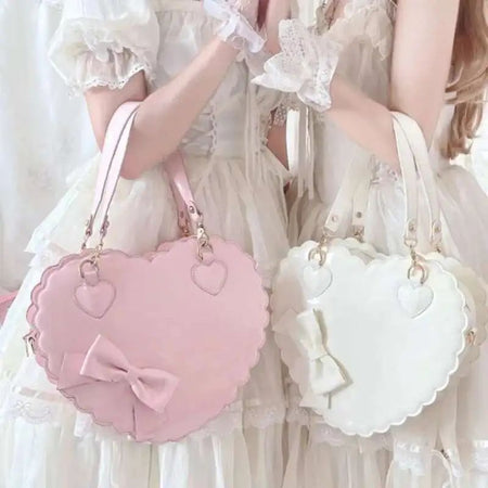 PU Heart Lolita Handbags Girls Bowknots Decor Japanese Shoulder Bags Two Sized Kawaii Shell Purses Cute Pink Messenger Bag Gifts