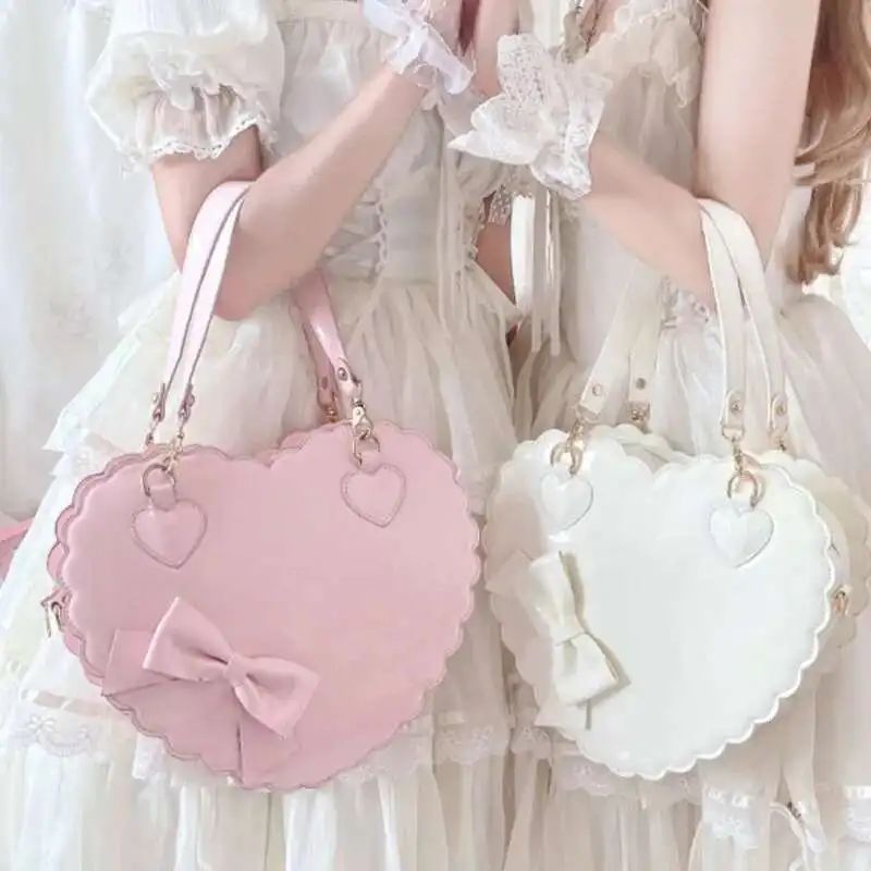 PU Heart Lolita Handbags Girls Bowknots Decor Japanese Shoulder Bags Two Sized Kawaii Shell Purses Cute Pink Messenger Bag Gifts