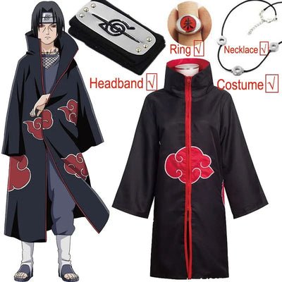 Kakashi Cosplay Costume Akatsuki Cloak Uchiha Itachi Sharingan Headband Necklace Ring Kunai Pain Halloween Costume for Men Kids
