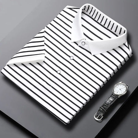 2024 Men's New Striped Cotton Business Casual Short Sleeved POLO Shirt Fashion Short Sleeved Comfortable and Breathable Top